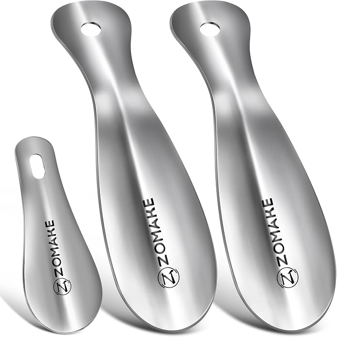 ZOMAKE Metal Shoe Horn, Small Travel Shoehorn for Men Women Kids 7.5''&3.9" | 3 Pack Stainless Steel Portable Shoe Spoon Helper, Compact Travel Size, Built-In Hang Hole, Smooth Rounded Curve, Shoe Care