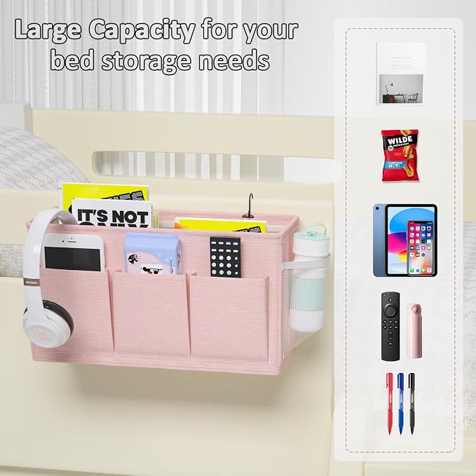 Bedside Caddy Storage Organizer for Bed Rails, Bed Caddy with 6 Pockets | Bedside Organizer with Fixed Straps and Hooks, Mattress Supported Versatile for Home, Dorm, Bunk, Hospital and Crib Bed