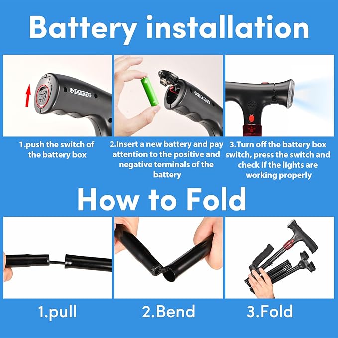 Walking Cane for Men & Women with Alarm, LED Light and Foldable Handle, Foldable, Adjustable, Lightweight, Free Self Standing Walking Cane for Seniors & Adults