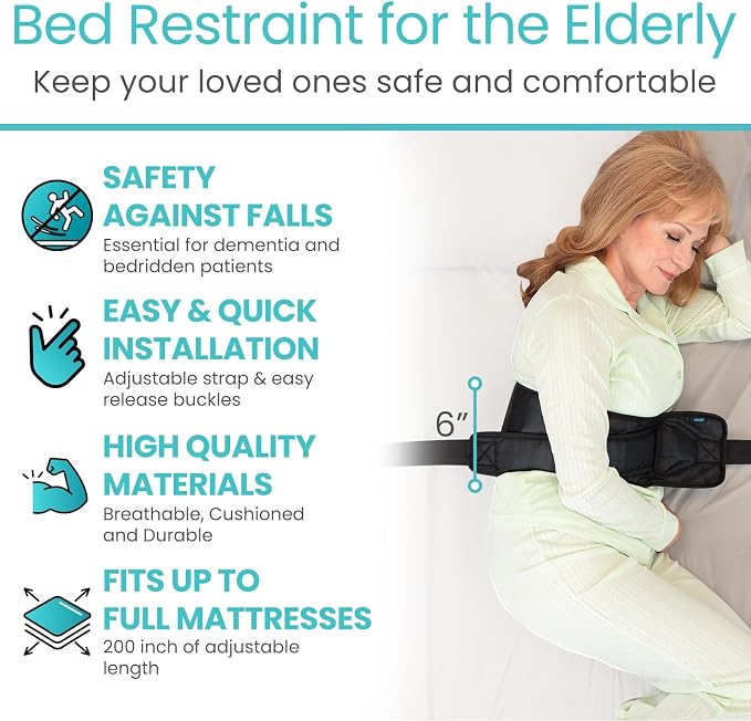 Vive Bed Restraints for Elderly Dementia Patients - Safety Belt for Wheelchair & Bed - Fall Prevention Device for Seniors - Adjustable Strap and Cushioned Waist Belt for Hospital Caregivers