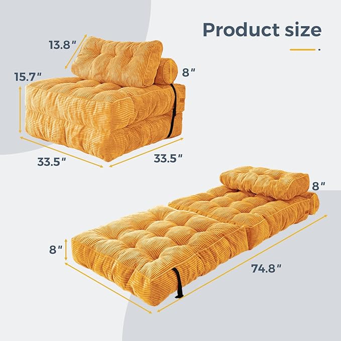 MAXYOYO Folding Sofa Bed, Convertible Sleeper Chair with Pillow Foldable Mattress with Back Support, Portable Fold Out Chair Bed Comfy Floor Sofa Lounge for Living Room Bedroom Apartment