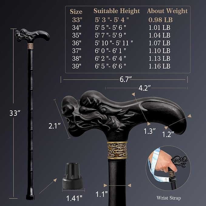 Wooden Walking Cane, 3D Dragon Engraved Cane Support up to 400 lb, Canes for Seniors Men Women of Different Heights