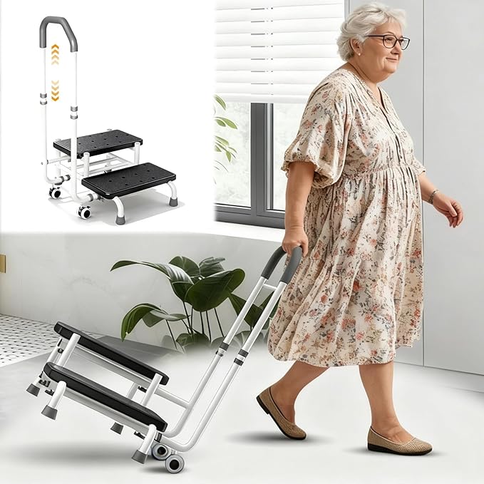 Step Stool with Handle for Elderly with Lockable Casters 5-Level Adjustable Handrail Non-Slip Platform Bed Steps for High Beds for Adults for Bathtub Kitchen High Beds Foot Stool