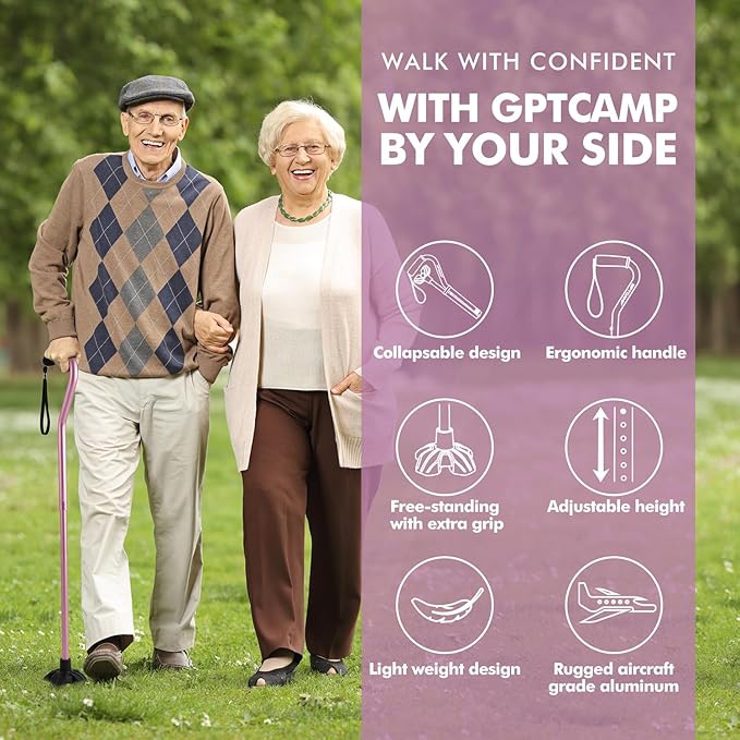 GPTCAMP G1 Walking Stick, Walking Cane for Women & Men with Wrist Strap, Lightweight & Sturdy Offset EVA Handle, Large Quad Base, Self Standing for Seniors and People with Injuries & Recovery