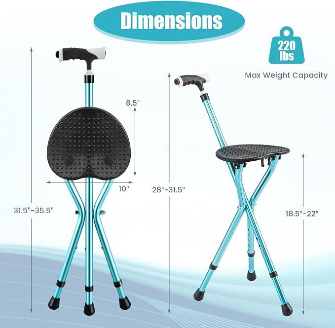 S AFSTAR Walking Cane with Seat, Height Adjustable Cane Chair with LED Light & Retractable 3 Legs, Portable Anti-Slip Seat Cane, Heavy Duty Walking Stick Chair for Seniors Elderly