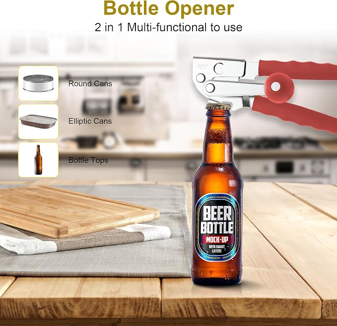 Commercial Can Opener, Hand Crank Manual Manual Heavy Duty with Extra-long Handles, Oversized Knob, Large Handheld Can Open Easy for Big Cans, Red