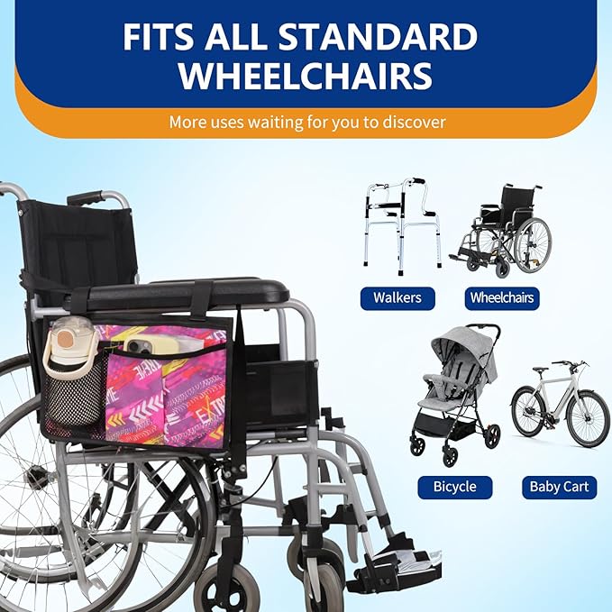 Wheelchair Side Bag, Wheelchairs Armrest Storage Pouch with Multiple Pockets, Durable Wheelchair Bags to Hang on Side for Most Wheelchairs, Walkers & Rollators(Orange)