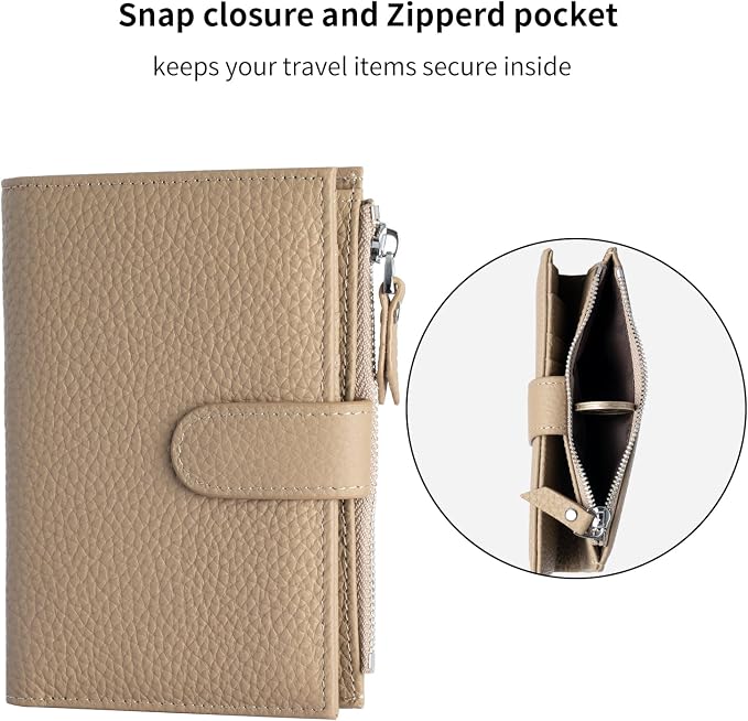 Passport wallet and Card Slot Combo RFID Blocking Leather Travel Passport Wallet for Men and Women with Zippered Coins Pocket Passport holder, khaki Grey