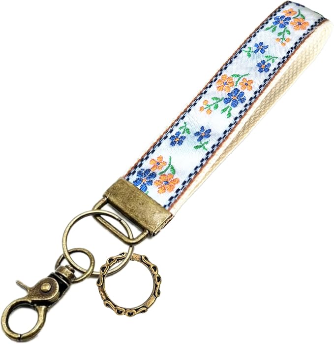 Boho Vintage Embroidered Floral plant Wristlet Keychain for Women | Cute Lanyard&Antique Brass Clasp, Lightweight Hands-Free Key Holder for keys,purses,handbags and daily outdoor use for ladies
