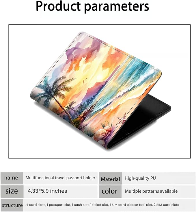 Passport Holder Wallet Cover Case,RFID Blocking Passport Cover,Large Capacity Travel Wallet with Multi Card Slots (Sunset Beach)