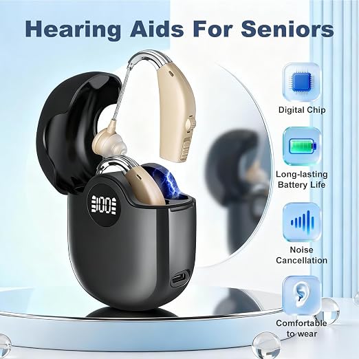 Hearing Aids, Hearing Aids for Seniors, Rechargeable, Volume Control, Hearing Amplifiers with Charging Case, Intelligent Noise Reduction, Design for Seniors & Adults with Hearing Loss