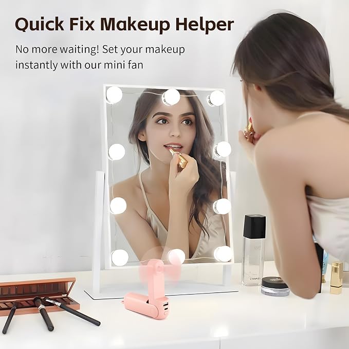 Morelax Portable Fan, Mini Handheld Fan with Power Bank, Cute USB Rechargeable Pocket Fan, Foldable Small Cooling Fan with LED Light, Personal Travel Fan,Summer,Beach Essentials,Summer Gift for Women