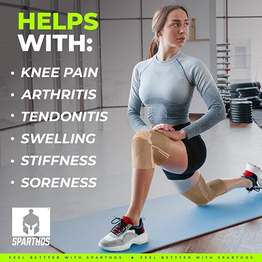 Sparthos Knee Compression Sleeves by (Pair) – Support for Sports, Running, Joint, Knee Pain Relief – Knee Brace for Men and Women – Sprains Strains Injury - Check Size Chart (Beige-M, 8½-10″ Knee)