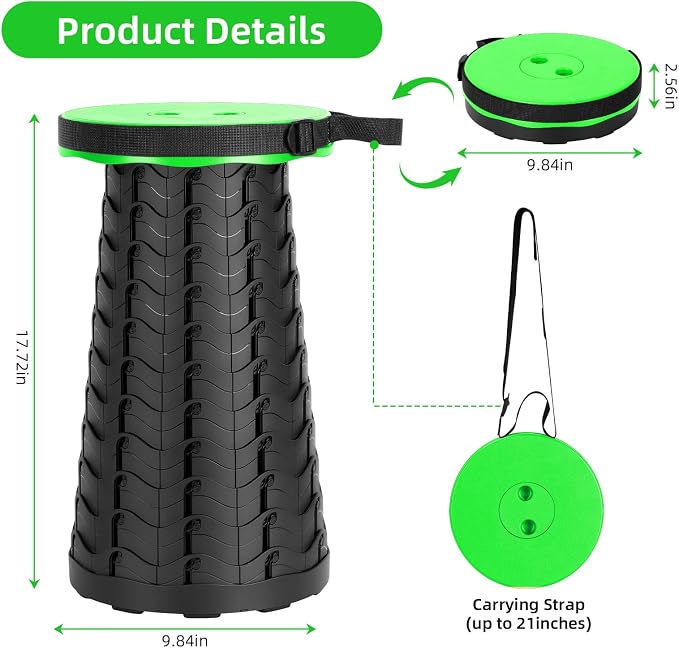 Qiguet Collapsible Stool, Folding Chair - Upgraded Portable Chair with Load Capacity 400lbs, Portable Stool for Camping Fishing Hiking - Folding Stool with Carrying Straps,Gifts for Fisherman (Green)