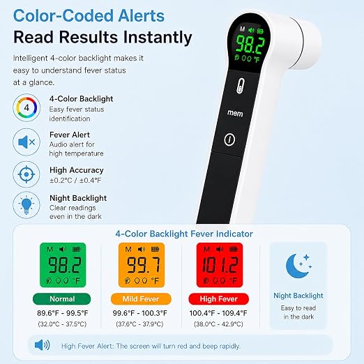 Dr. Aid No-Touch Ear & Forehead Thermometer, Infrared Digital,4 Color-Coded | No-Touch Infrared Sensor, Color-Coded Fever Indicator, Fast Reading