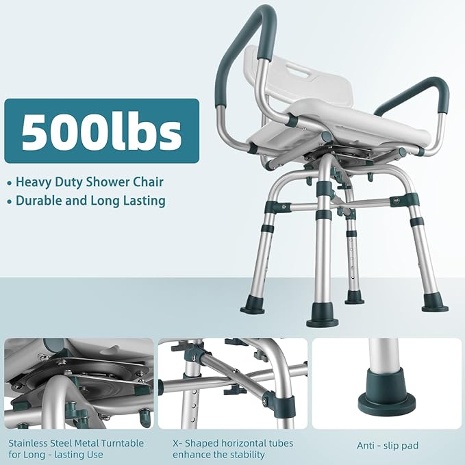 Swivel Shower Chair with Arms and Back, 500 lbs Heavy Duty Shower Seat for Inside Shower Stall and Bathtub, Height Adjustable Safety Bath Seat for Elderly, Adults, Handicap and Disabled