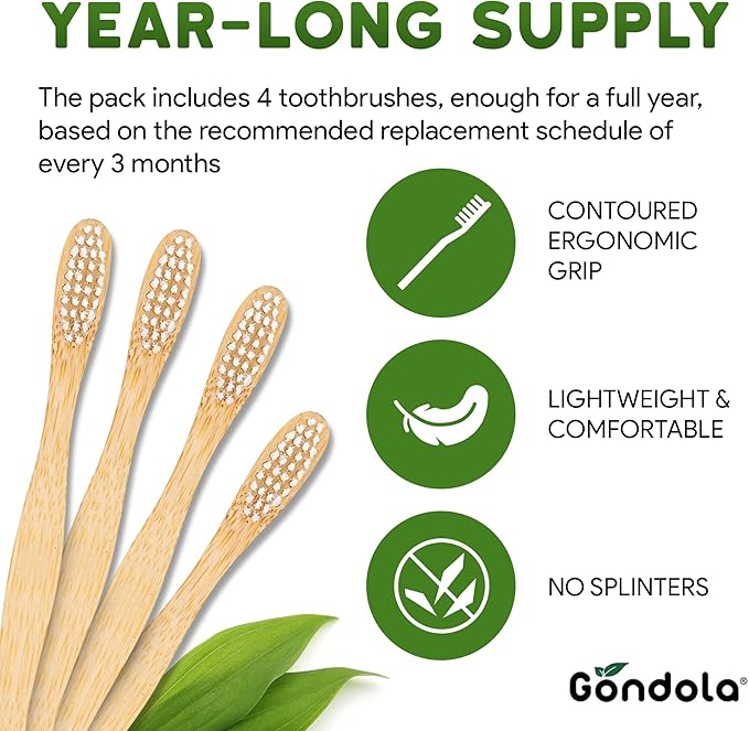 Gondola Organic Bamboo Toothbrushes Adults - 4 Count (Pack of 1) - Soft Bristles - Wood Toothbrush for Adults - Set for Sensitive Gums for Gentle Cleaning
