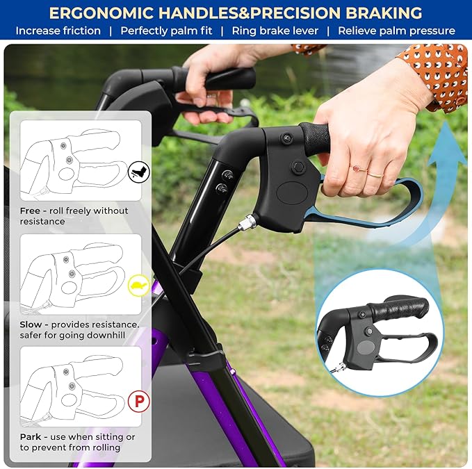 Foldable Rollator Walker for Seniors with Seat, Lightweight 2 in 1 Rolling Walkers Wheelchair Combo for Adult, Transport Chair with Brakes, Adjustable Seat and Handle, 300 Lb. Weight Capacity, Purple