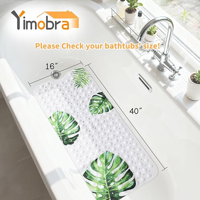 Yimobra Non Slip Bathtub Mat 40 x 16 Inch, Extra Long Shower Mat with Drain Holes, Machine Washable Baby Bath Mats, Strong Suction Cups for Bathroom Floor, Monstera