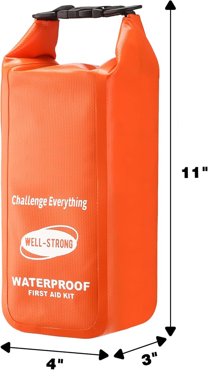WELL-STRONG Boat First Aid Kit with Survival Tools, 123pcs Waterproof Emergency Marine Kit with Buckles, Compact Boat Safety Accessories for Fishing Kayaking Boating Camping Rafting Beach Orange
