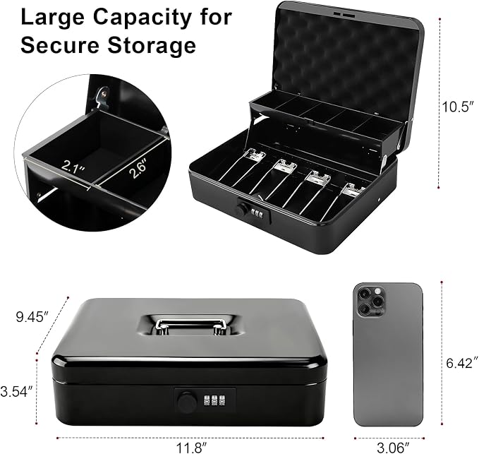 Jssmst Locking Large Metal Cash Box with Money Tray, Money Box with Combination Lock, Black