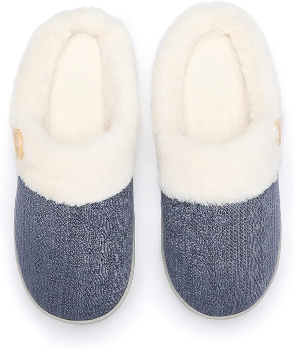 Chantomoo Womens Slipper Warm Comfy Memory Foam House Slippers Knitted Shoes Faux Fur Lined Anti-Skid Rubber Sole Bedroom Cozy Indoor Outdoor Slippers
