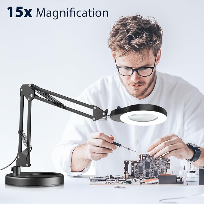 15X Magnifying Glass with Light and Stand, 84 LED Desk Magnifying Glass wtih Clamp,5 Color Modes Stepless Dimmable LED Lighted Desk Lamp for Craft Hobby Painting Reading Sewing Close Work