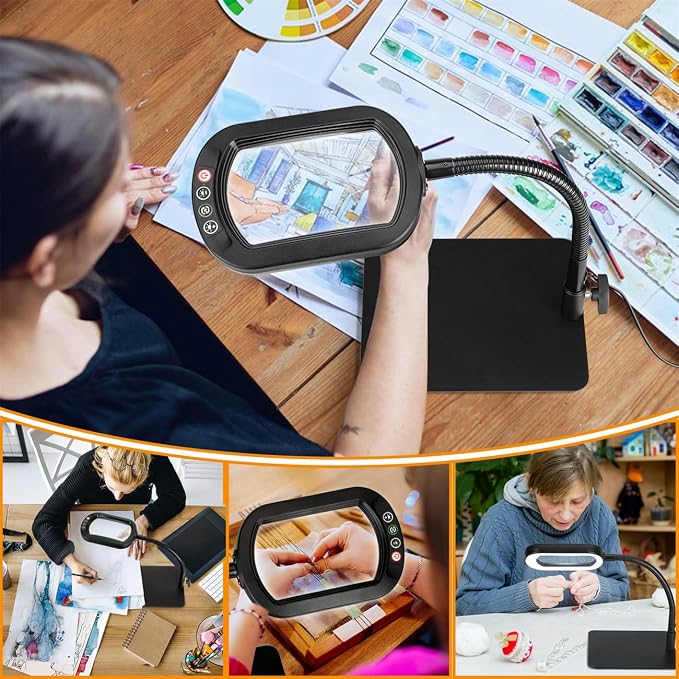 Veemagni 12X Rectangle Magnifying Glass with Light and Stand, Flexible Gooseneck LED Lighted Desk Lamp, 5 Color Modes Stepless Dimmable, Hands Free Magnifier for Reading Crafts Painting Close Work