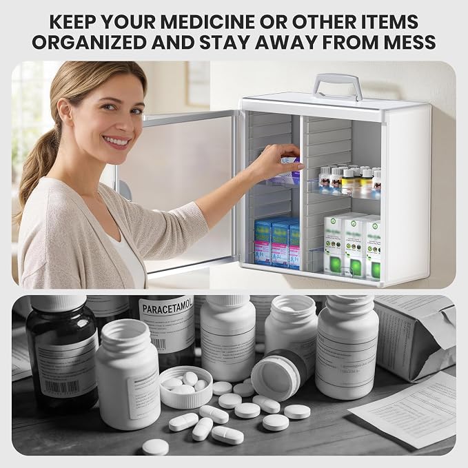 Lockable Medicine Cabinet with Key - Aluminum Wall Mount Medication Lock Box with 3 Removable Trays & Handle, Secure Locking Medicine Storage Organizer for Home, School & Office (Silver)