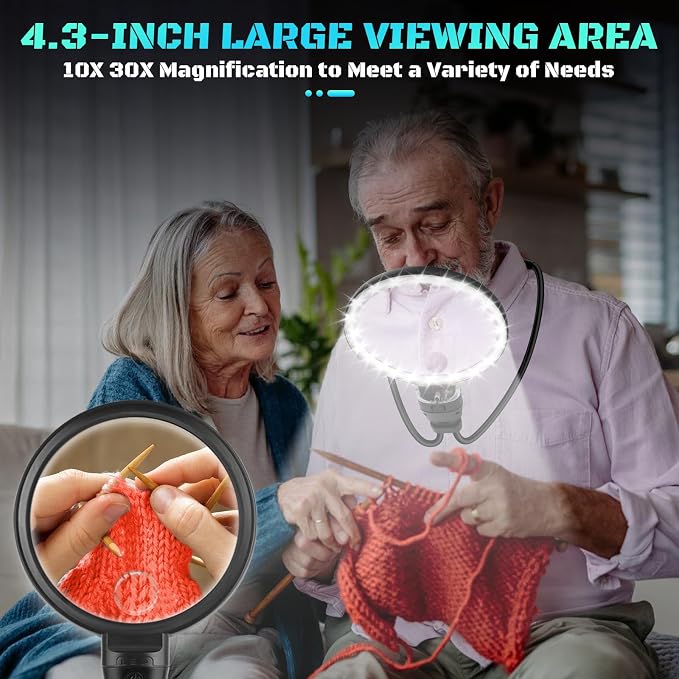 10X 30X Large Magnifying Glass with Light, Hands Free Magnifying Glass for Reading, 3 Color LED Lights Flexible Gooseneck Magnifier for Close Work Reading Sewing, 4.3in