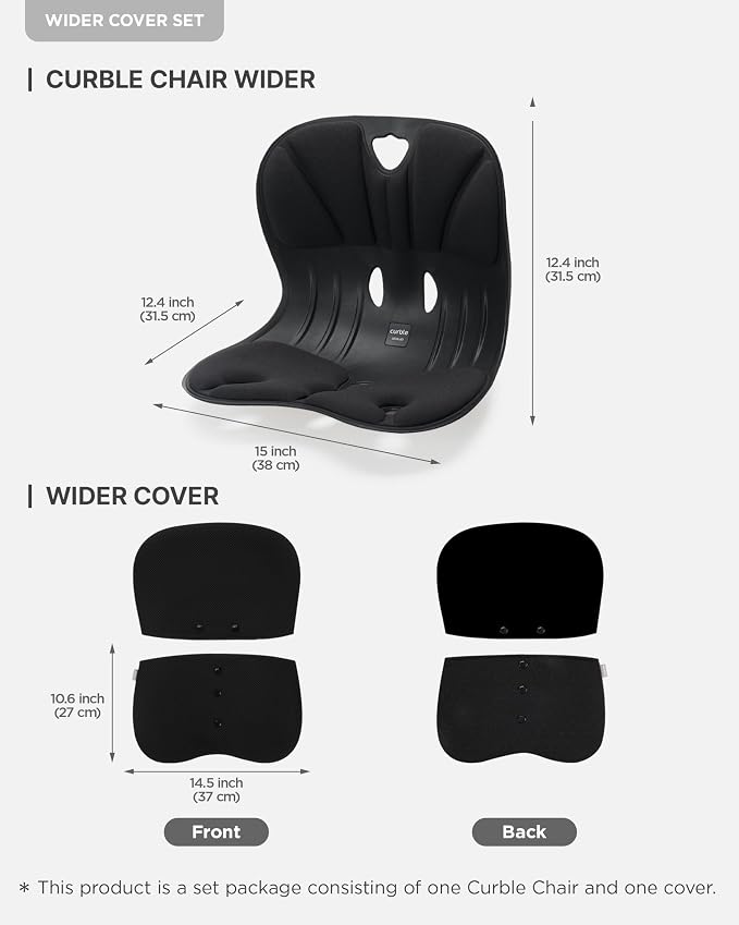 curble Wider – Ergonomic Desk Chair Seat Cushion, Everyday Passive Posture Trainer for Work from Home, Office & Car, Breathable Lumbar Support (Black)