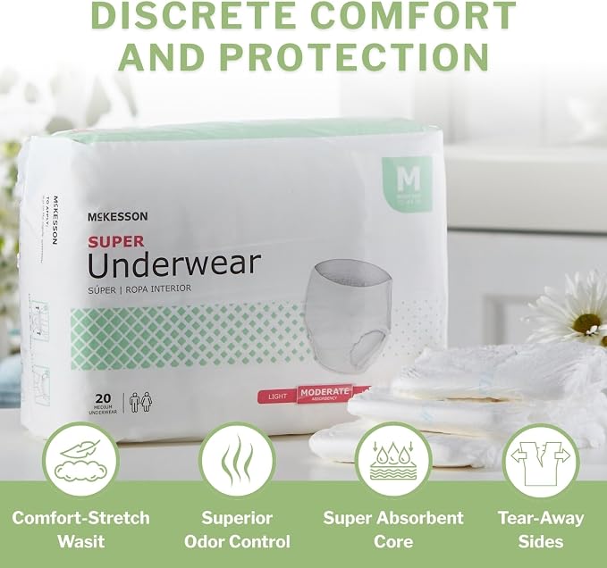 McKesson Super Adult Incontinence Underwear, Medium, Moderate, 44 in, 20 ct | Postpartum and Incontinence Support