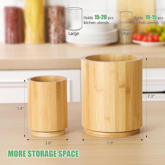 2 Pack Wooden Utensil Holder, 360°Rotating Kitchen Cooking Utensil Crock, Spoon Spatula Holder for Kitchen Counter, Farmhouse Countertop Organizer(Bamboo,Round)