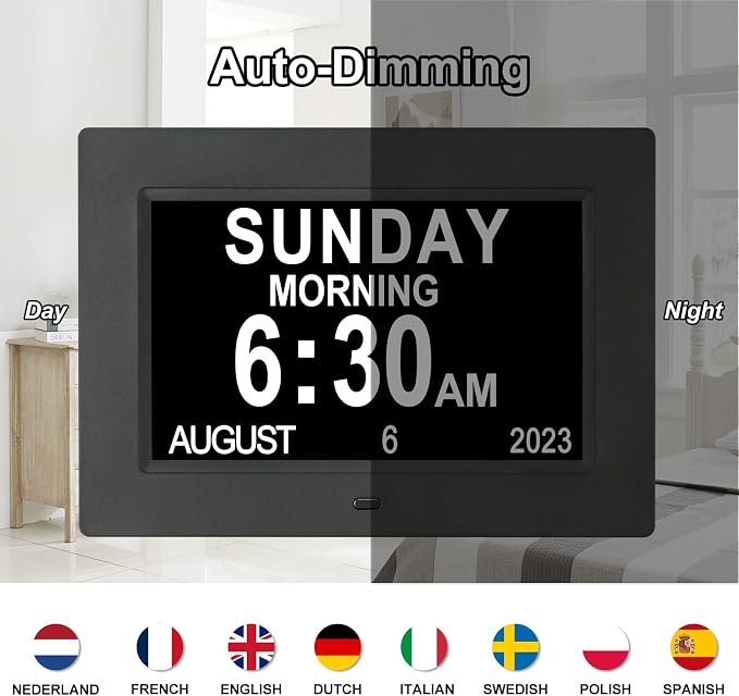 TSITSC 7 Inch Digital Day of The Week Clock Extra Large Non-Abbreviated Dementia Day and Date Time Clocks for Seniors Elderly Impaired Vision Memory Loss 12 Alarm Reminders + Auto-Dimming(Black)
