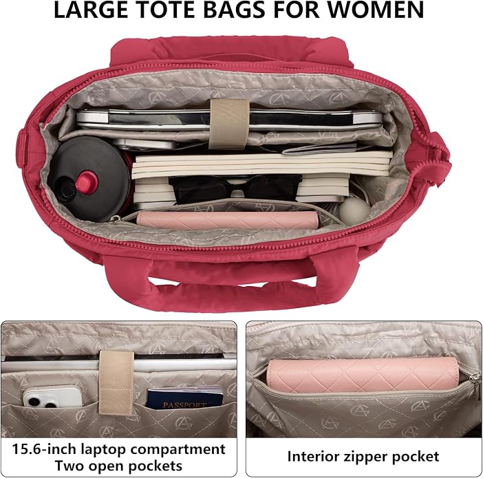 Puffer Tote Bag for Women Quilted Nurse Bag Lightweight Work Bag for Teacher Travel Handbag with Multiple Pockets
