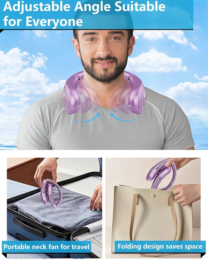 Neck Fans Portable Rechargeable Personal Misting Fan,Fold Up Compact Necklace Fan with Mist,Soundless Powerful Mobile Body Air Cooler with Digital LED Display, Presents for Adults Kids Elderly Purple