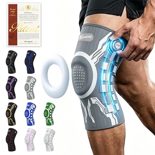 Kuangmi Knob Knee Brace for Pain Relief, Knee Support with Patella Gel Pad & Side Stabilizers, Compression Knee Sleeve for Workout, Arthritis, Joint Pain, Meniscus Tear (Gray White,Left,Medium,Single)