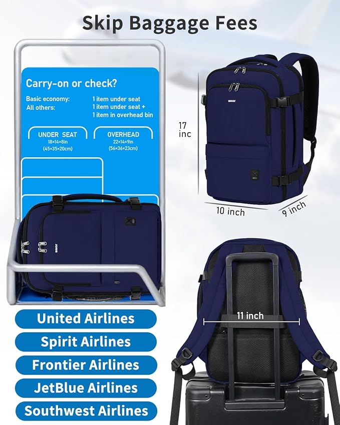 WANDF Personal Item Travel Bag, Small Travel Backpack 17x10x9 for United Airlines, 15.6" Laptop Backpack for Men Women (Navy Blue)