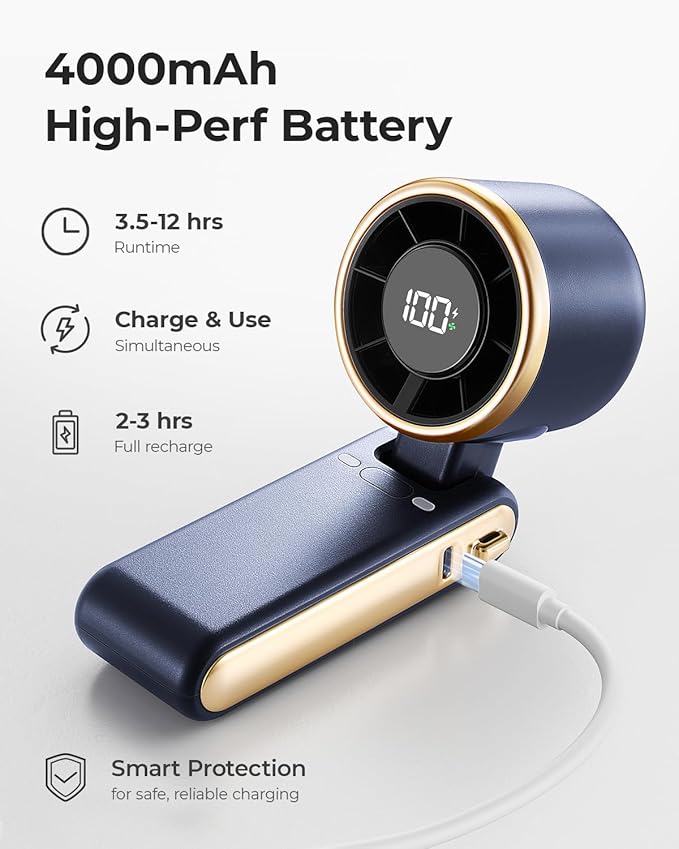 Portable Handheld Turbo Fan - 5 Gear High Speed 4000mAh Rechargeable Mini Personal Hand Fan Blow Cold Air, Battery Operated Travel Essentials, Beach Vacation, Gifts for Women, Men (Navy Blue)