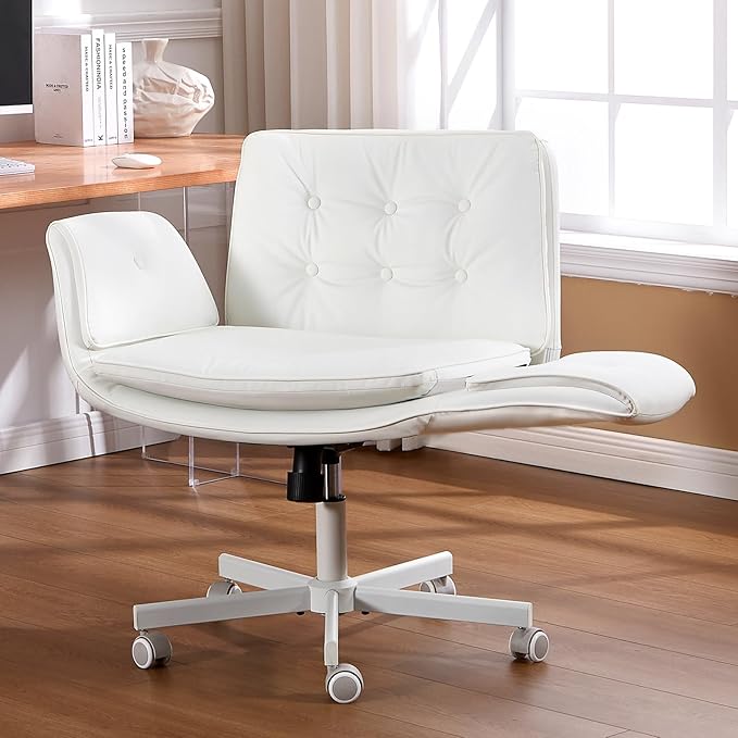 Criss Cross Chair with Armrests & Wheels, PU Leather Vanity Chair, Comfortable Adjustable Swivel Computer Office Desk Chairs for Home, Make Up, Bed Room (White)