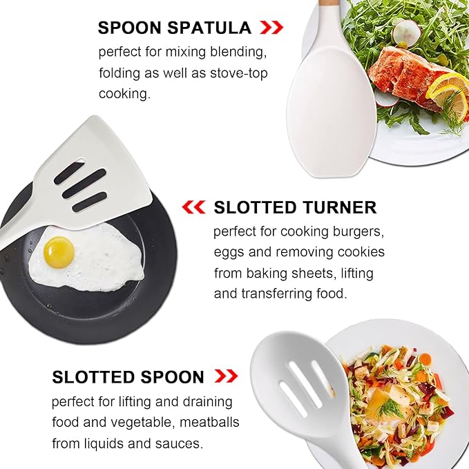 Silicone Kitchen Utensils Set of 5, Cooking Utensil Set with Heat Resistant Wooden Handle Non-Stick Silicone Spatula Spoon Turner Ladle, BPA FREE Cooking Kitchen Gadgets for Cookware & Baking
