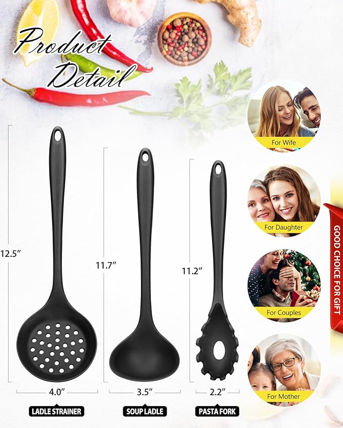 3 Pcs Silicone Kitchen Utensils Set, Soup Ladle-Pasta Fork-Slottede Spoon, Nonstick BPA Free High Heat Resistant Cooking Utensils for Mixing, Serving, Draining, Turning, Stirring