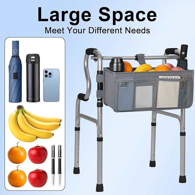 FREEAMG Walker Basket for Folding Walker, Large Capacity Foldable Walker Bag, Walker Storage Bag With Cup Holder, Detachable Walker Accessories Basket for Seniors (Grey)