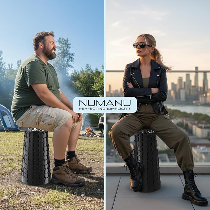 NUMANU 3XL Cushioned Collapsible Stool for Adults, Folding Seat, 1000 lbs | Oversized big & tall stool, telescoping 2.7-23.2in adjustable, 360 swivel pad + waterproof bag; travel, sports, camping
