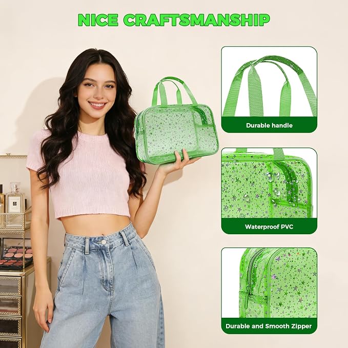 Large Clear Makeup Bag 12x5x8 Green Star Pattern - Waterproof PVC Travel Cosmetic Organizer with Handle, Durable Transparent Toiletry Case for Women Girls Travel Gym Beach Storage