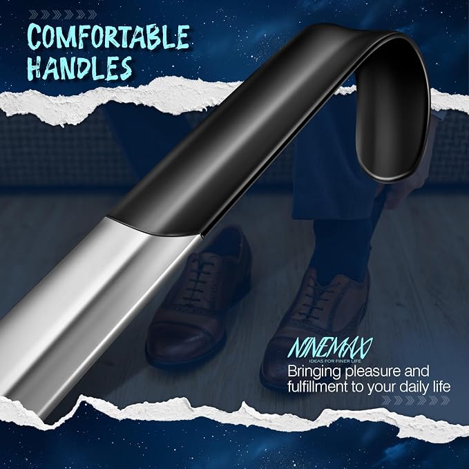 NINEMAX Extra Long Handle Shoe Horn (16.5") & (7.5") Travel Shoe Horns, 2 Pack Metal Shoe Horns for Seniors, Men, Women, Kids | 2 Size Shoe Horn Set, Stainless Steel Design, 16.5" Long Handle For Seniors, 7.5" Travel Size Fits Bags, Daily Shoe Helper