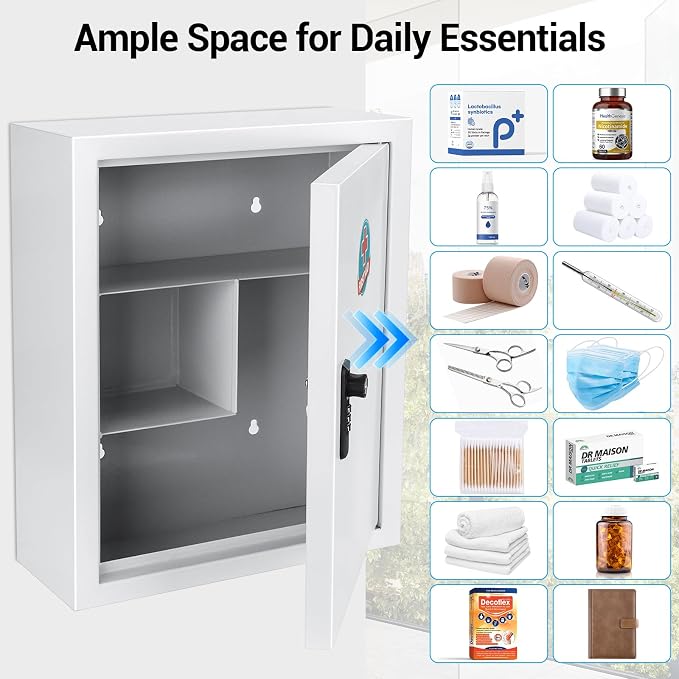 Locking Medicine Cabinet with Combination Lock and Safety Key | Rust-resistant galvanized steel, wall mounted first aid storage for bathroom, home, office and school