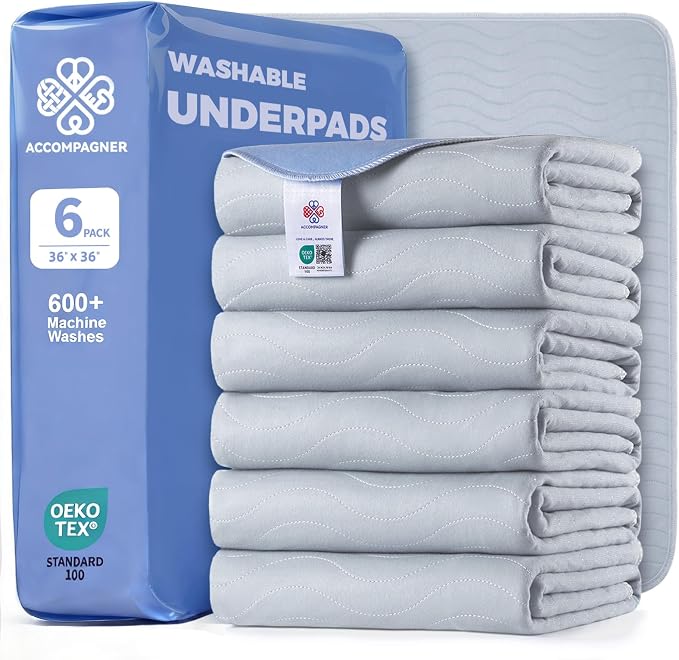 Accompagner Incontinence Bed Pads Washable Waterproof Underpads 36"x36" 6pc | 4-Layer Heavy-Absorbency Reusable Pee Pads for Adults, Kids, Elderly, Dogs, Bedridden, Bedwetting, Nursing, Sofa (Pearl Gray)
