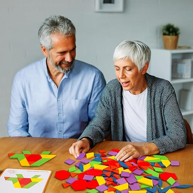 Dementia Activities for Seniors - 155 Pieces Wooden Tangrams Puzzle, Easy Memory Game for Alzheimer's with Colorful Shape Tiles, Cognitive Craft Gifts, Games for Seniors with Dementia