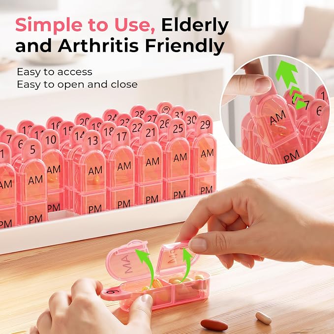 Daviky Monthly Pill Organizer 2 Times a Day - 30 Day Pill Box AM PM, BPA Free One Month Medicine Organizer Twice Daily, 31-Day Case to Hold Vitamins, Supplements & Medication, Pink